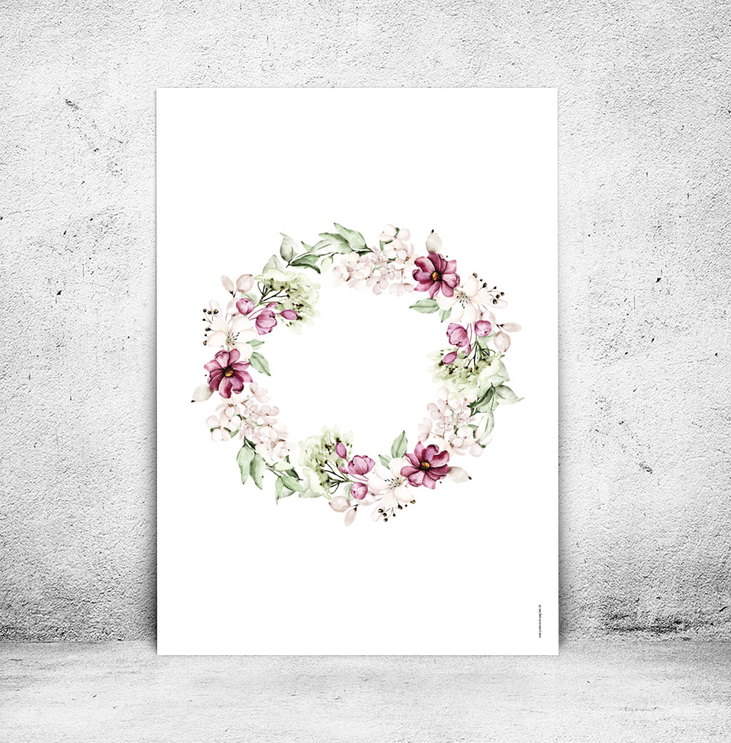 viser rektangulær navneplakat med rosa blomsterkrans uden tekst fra www.plakatcompagniet.dk