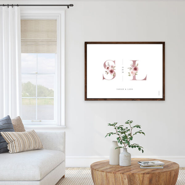 viser horisontal parplakat med angivelse af parrets fornavnebogstav i rosa fra www.plakatcompagniet.dk