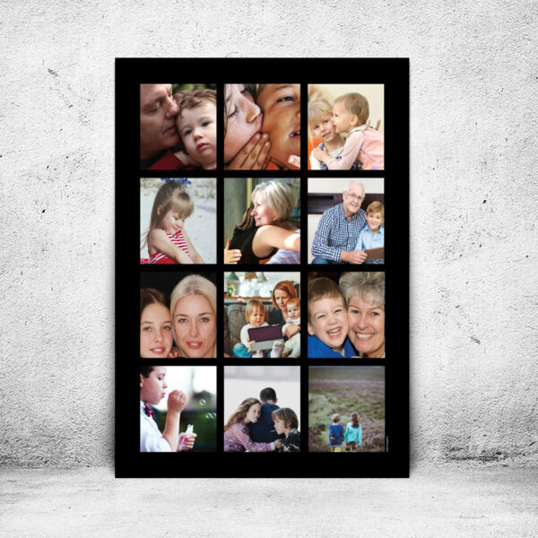 viser fotplakat med 12 fotos i farver på sort baggrund fra www.plakatcompagniet.dk