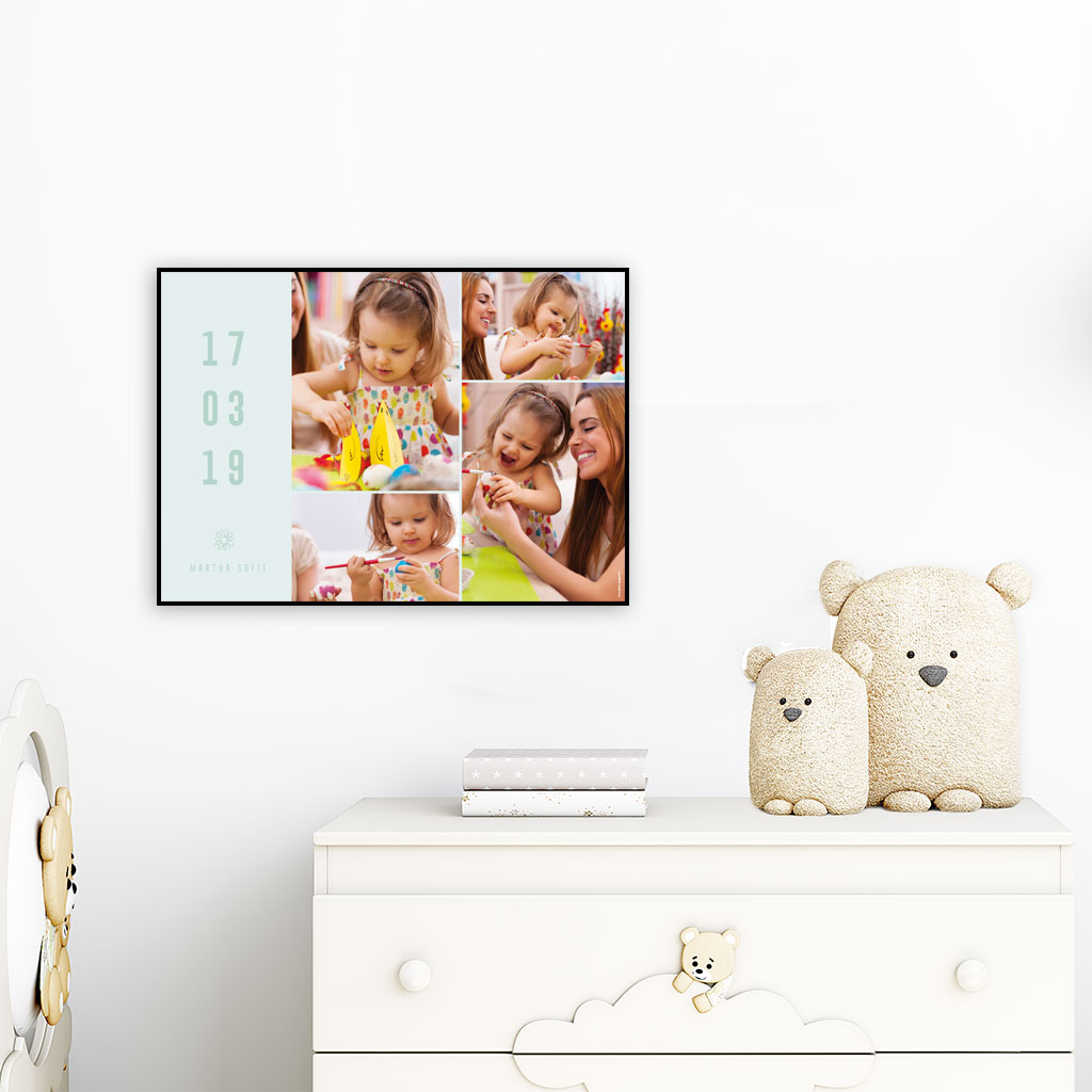 Viser boernefotoplakat med 4 farvefotos paa stoevet baggrund i boernevaerelsesmiljoe designet af plakatcompagniet x
