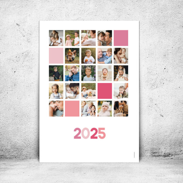 Viser boernefotoplakat med 21 farvefotos kombineret med en flot farvekombination af 4 farver i pink lyseroed og coral nuance - er designet af plakatcompagniet