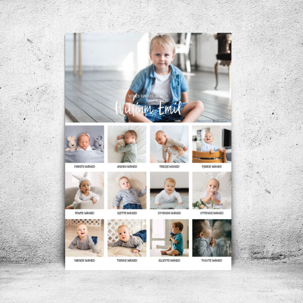 Viser boerneaarsfotoplakat med 13 farvefotos-et foto for hver maaned og med et hovedfoto oeverst - er designet af plakatcompagniet