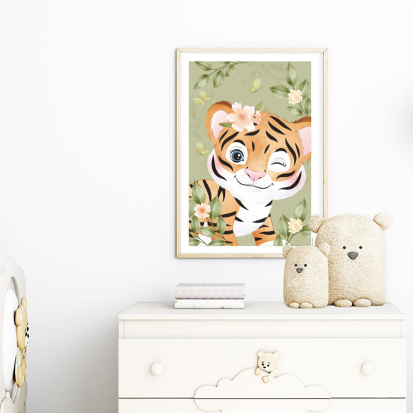 Viser boerneoplakat med den frække tiger på en groen baggrund - er designet af plakatcompagniet x