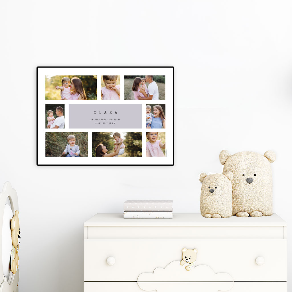 viser fødselstavle med 8 fotos og et centralt placeret lilla felt indeholdende navn og fødselsdata. Er designet af www.plakatcompagniet.dk x