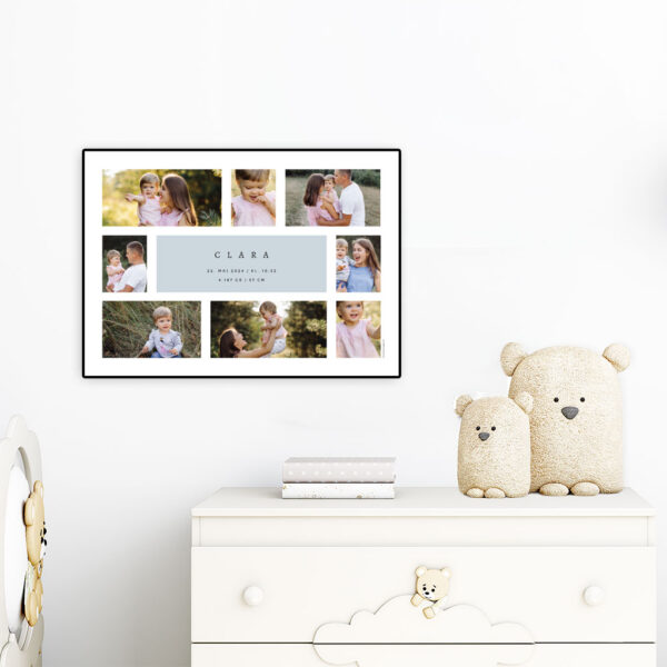 viser fødselstavle med 8 fotos og et centralt placeret blaat felt indeholdende navn og fødselsdata. Er designet af www.plakatcompagniet.dk x