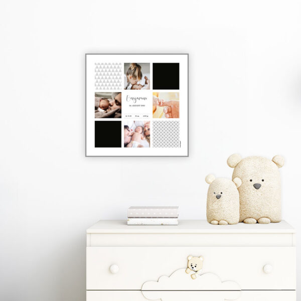 viser kvadratisk fødselstavle med 4 fotos fra www.plakatcompagniet.dk x