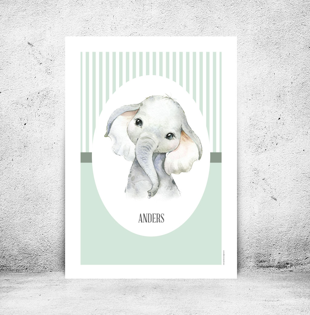 viser rektangulaer navneplakat med elefant med en groen baggrund fra www.plakatcompagniet.dk