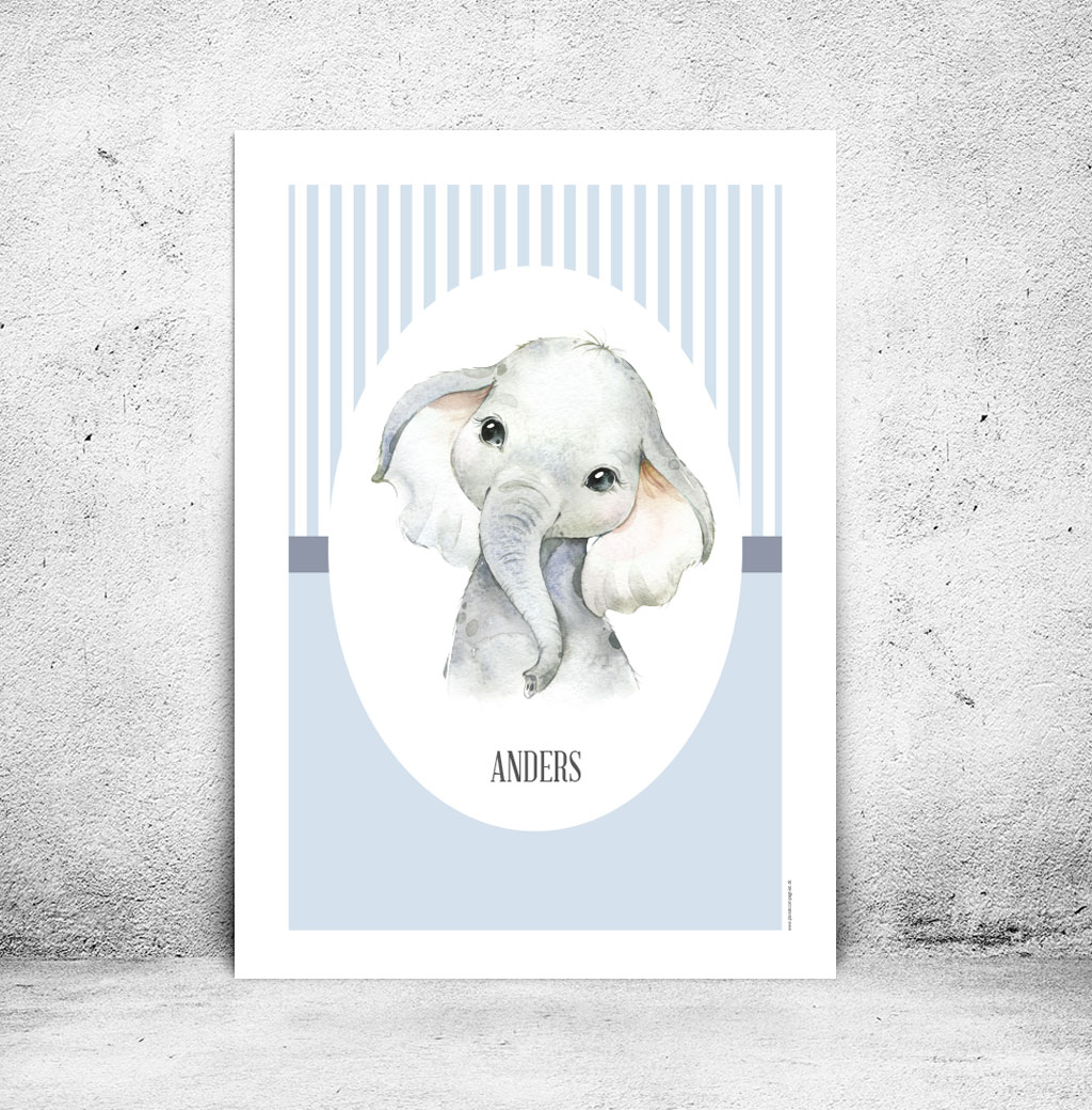 viser rektangulær navneplakat med elefant med en blaa baggrund fra www.plakatcompagniet.dk