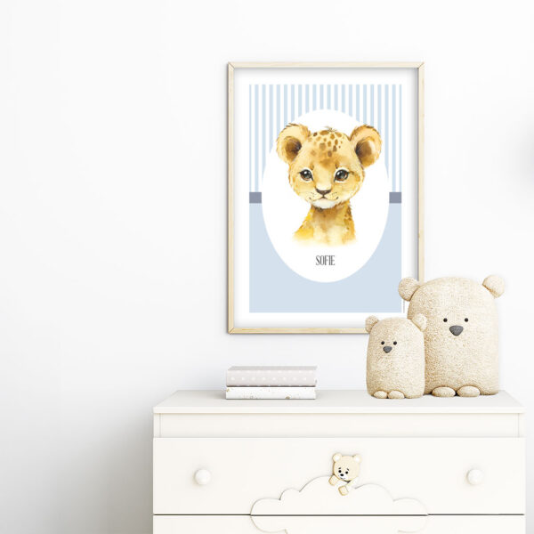 viser rektangulær navneplakat med tiger med en blaa baggrund fra www.plakatcompagniet.dk x