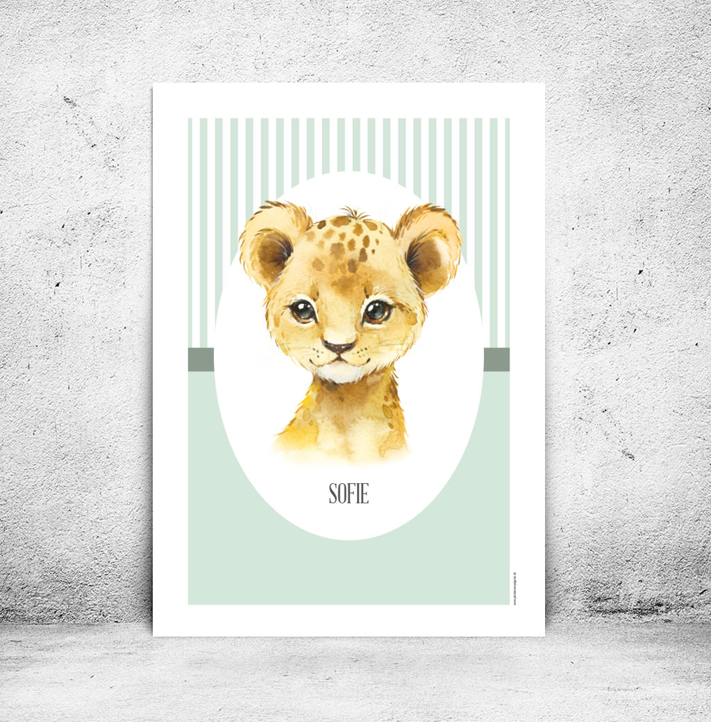 viser rektangulær navneplakat med tiger med en groen baggrund fra www.plakatcompagniet.dk