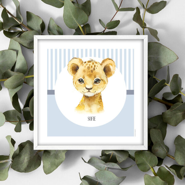 viser kvadratisk navneplakat med tiger med en blaa baggrund fra www.plakatcompagniet.dk xxx
