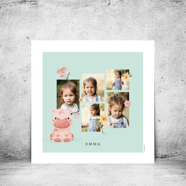 Viser boernefotoplakat med 5 farve fotos - en flodhest og blomsterpynt paa turkis baggrund med hvid kant designet fra plakatcompagniet
