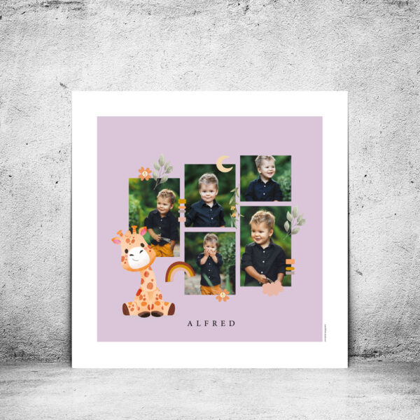 Viser boernefotoplakat med 5 farve fotos - en giraf og blomsterpynt paa lilla baggrund med hvid kant designet fra plakatcompagniet