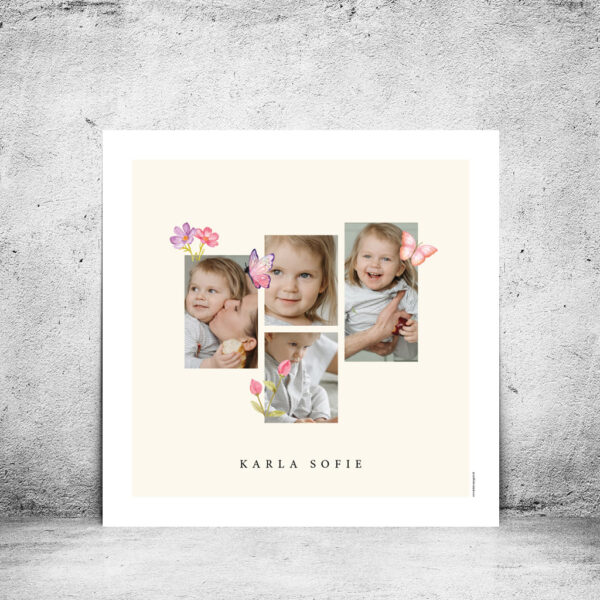 Viser boernefotoplakat med 4 farve fotos omkranset af fine blomster-og sommerfuglepynt paa beige baggrund med hvid kant designet fra plakatcompagniet