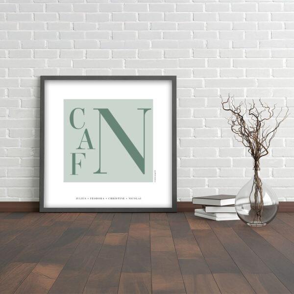 Viser kvadratisk familieplakat. Plads til familiens navne nederst på siden. Mintgroen baggrund. Designet af www.plakatcompagniet.dk x