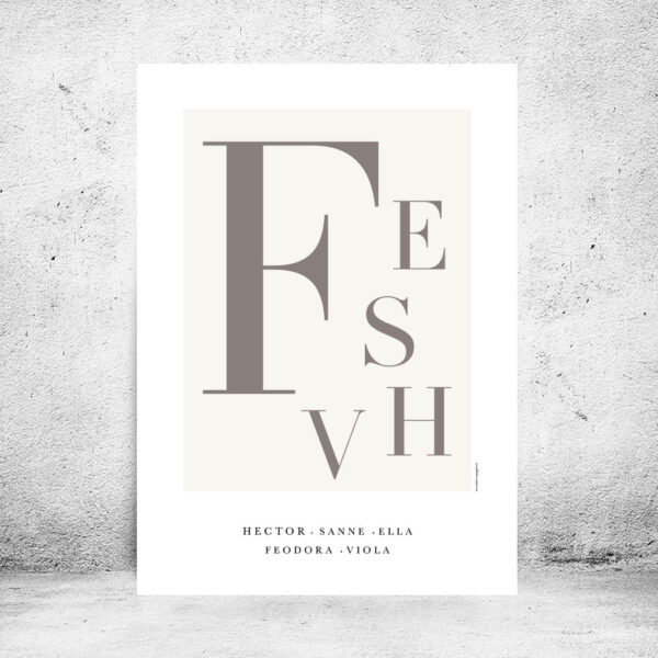 Viser rektangulaer familieplakat. Plads til familiens navne nederst på siden. Beige baggrund. Designet af www.plakatcompagniet.dk