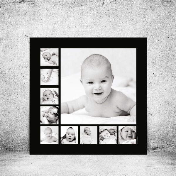 viser kvadratisk fotoplakat med 10 fotos. Et stort foto og 9 mindre fotos. Sort_hvid fotos på sort baggrund. Designet af www.plakatcompagniet.dk