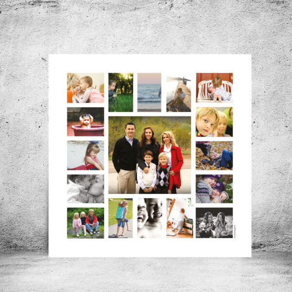 viser kvadratisk fotoplakat med 17 fotos. Et stort foto og 16 mindre fotos. SFarvefotos på hvid baggrund. Designet af www.plakatcompagniet.dk