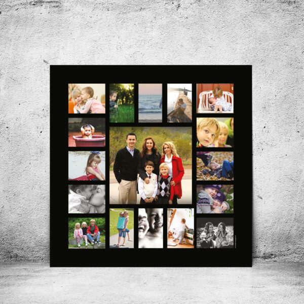 viser kvadratisk fotoplakat med 17 fotos. Et stort foto og 16 mindre fotos. Farvefotos på sort baggrund. Designet af www.plakatcompagniet.dk