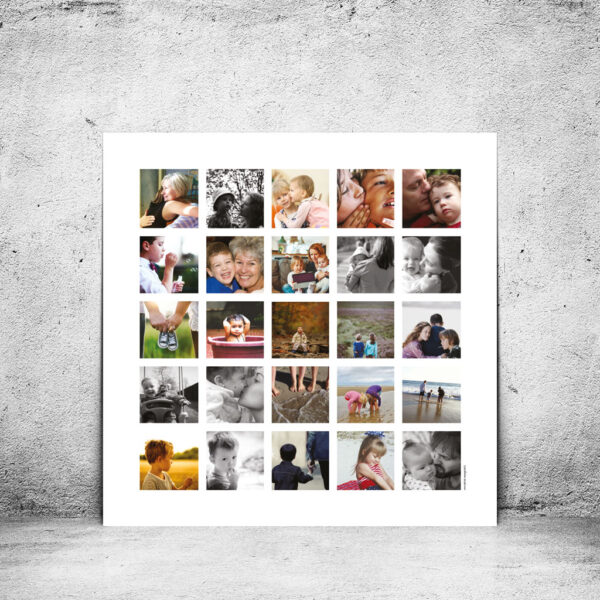 viser kvadratisk fotoplakat med 25 fotos. Farve fotos på hvid baggrund. Designet af www.plakatcompagniet.dk x