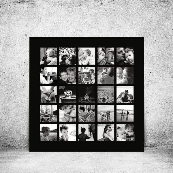 viser kvadratisk fotoplakat med 25 fotos. Sort_hvid fotos på sort baggrund. Designet af www.plakatcompagniet.dk