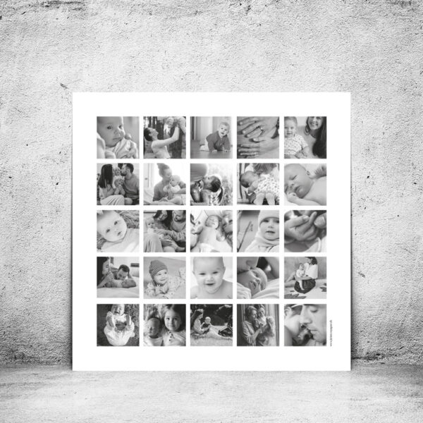 viser kvadratisk fotoplakat med 25 fotos i samme størrelser. Sort_hvid fotos på hvid baggrund. Designet af www.plakatcompagniet.dk