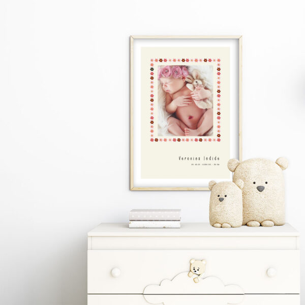 viser rektangulaer fødselstavle med et foto omkranset af en soed kant af blomster i rosa farver. Dertil fornavn og foedselsdata. Beige baggrund med hvid kant. Designet af www.plakatcompagniet.dk x