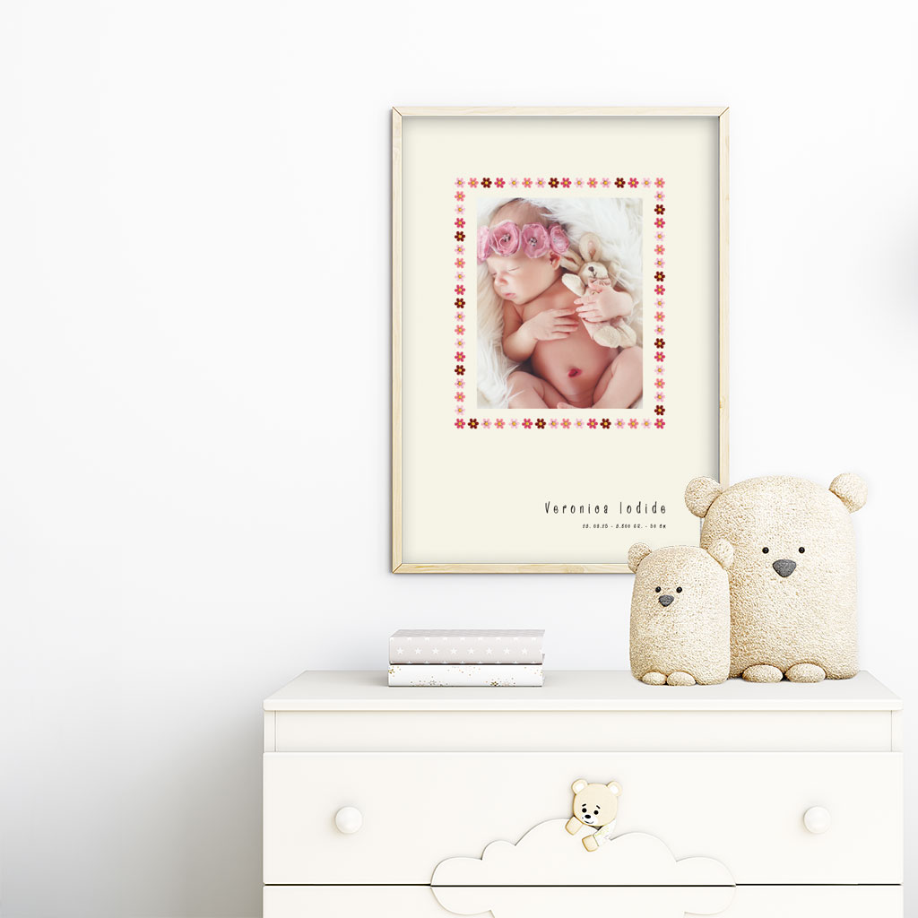 viser rektangulaer fødselstavle med et foto omkranset af en soed kant af blomster i rosa farver. Dertil fornavn og foedselsdata. Beige baggrund. Designet af www.plakatcompagniet.dk x