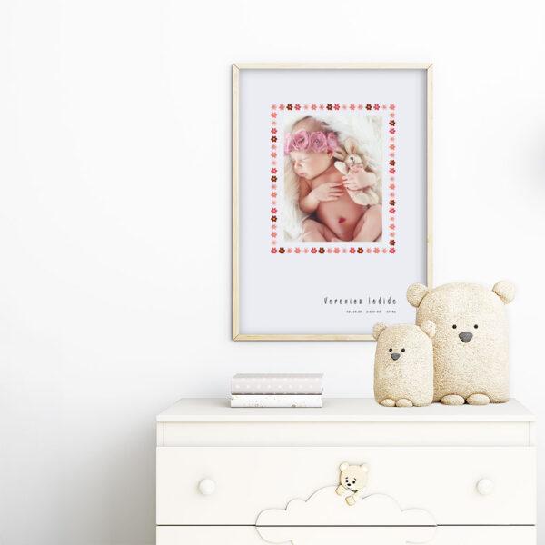 viser rektangulaer fødselstavle med et foto omkranset af en soed kant af blomster i rosa farver. Dertil fornavn og foedselsdata. Graa baggrund. Designet af www.plakatcompagniet.dk x