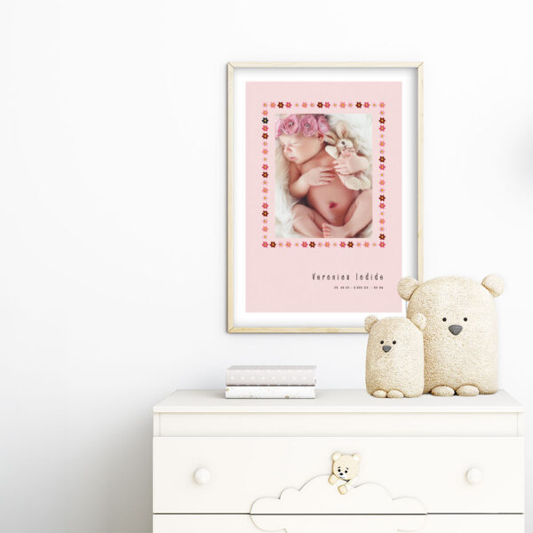 viser rektangulaer fødselstavle med et foto omkranset af en soed kant af blomster i rosa farver. Dertil fornavn og foedselsdata. Lyseroed baggrund. Designet af www.plakatcompagniet.dk x
