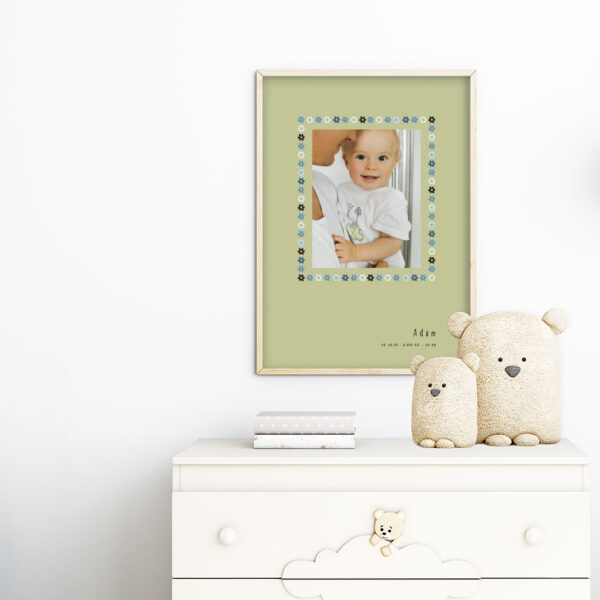 viser rektangulaer fødselstavle med et foto omkranset af en soed kant af blomster i blaa farver. Dertil fornavn og foedselsdata. Groen baggrund. Designet af www.plakatcompagniet.dk. plakat haenger paa boernevaerelse over hvid kommode