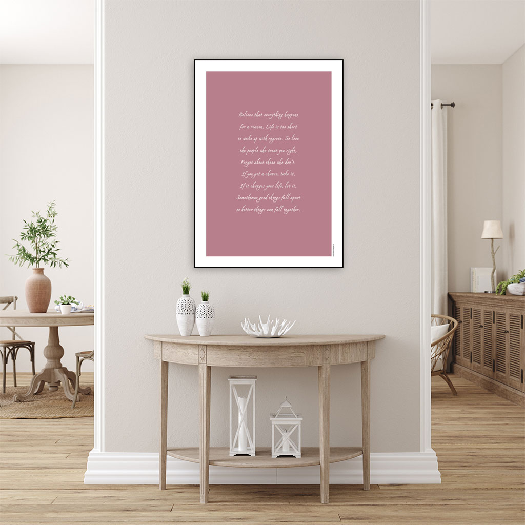 viser citatplakat med angivelse af "Believe-citat" på rosa baggrund fra www.plakatcompagniet.dk